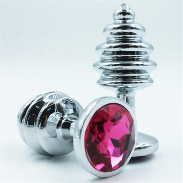 PLUG EM AÇO INOX COM JOIA ROSA - FORMATO DE ESPIRAL - P