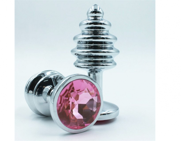 PLUG EM AÇO INOX COM JOIA ROSA CLARO - FORMATO DE ESPIRAL - P