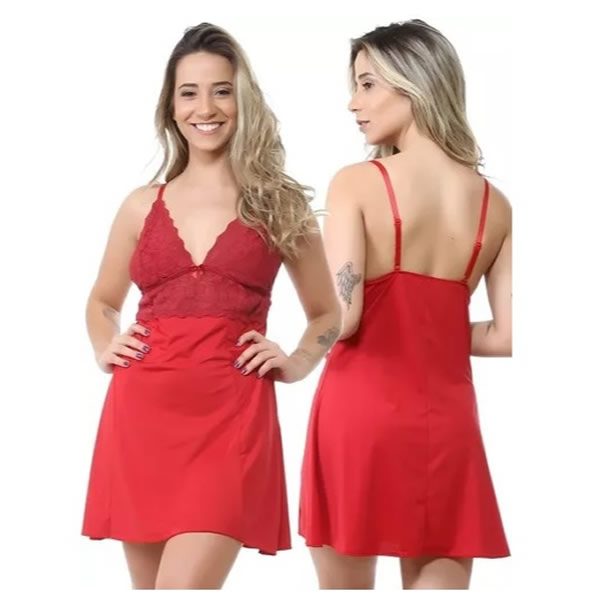 Conjunto Camisola Lisa Com Renda e Calcinha Luxo Sexy - Isa Lingerie - Vermelho - P