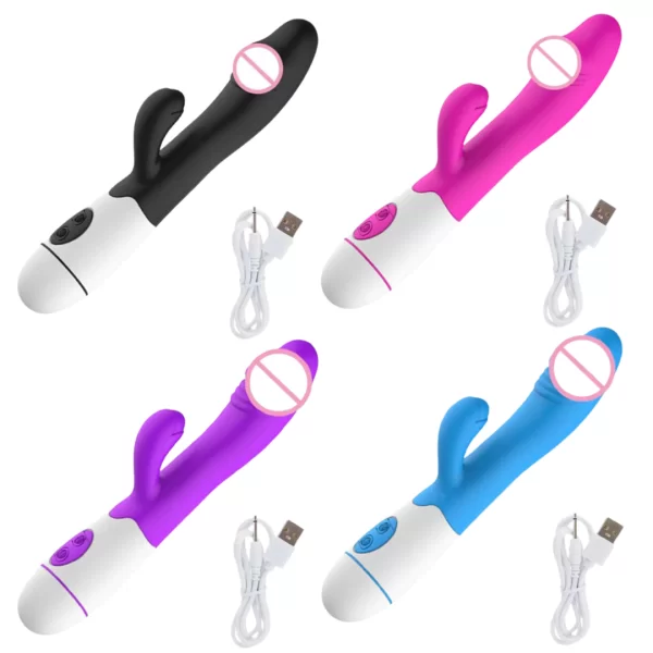 Vibrador Rabbit Recarregável via USB: 30 vibrações, silicone macio, à prova d'água e recarregável. Descubra prazer e tecnologia!