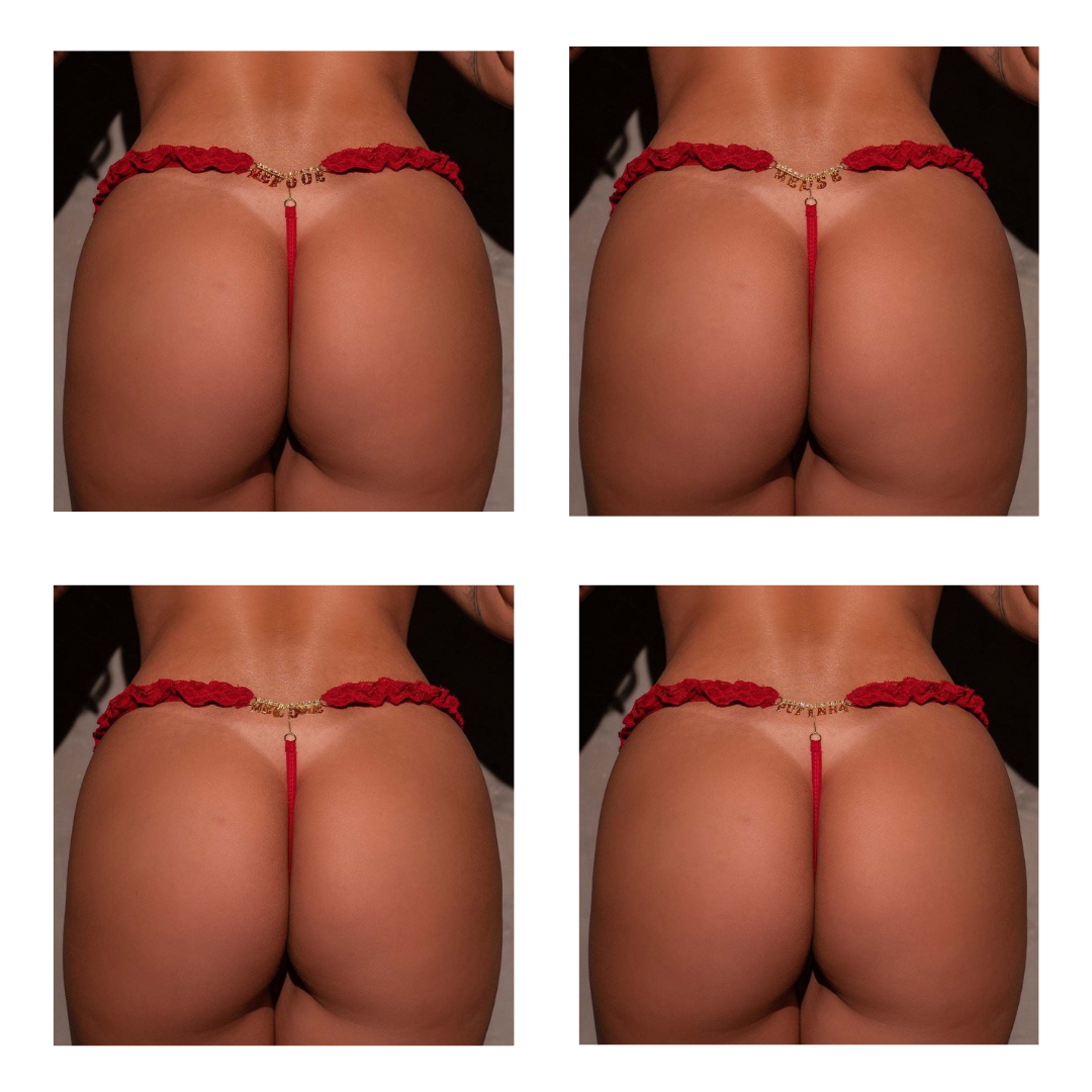 Fio Dental Luxo Vermelha Frases Strass Pimenta Sexy une renda, brilho e sensualidade em uma peça única. Conforto e atitude irresistível.