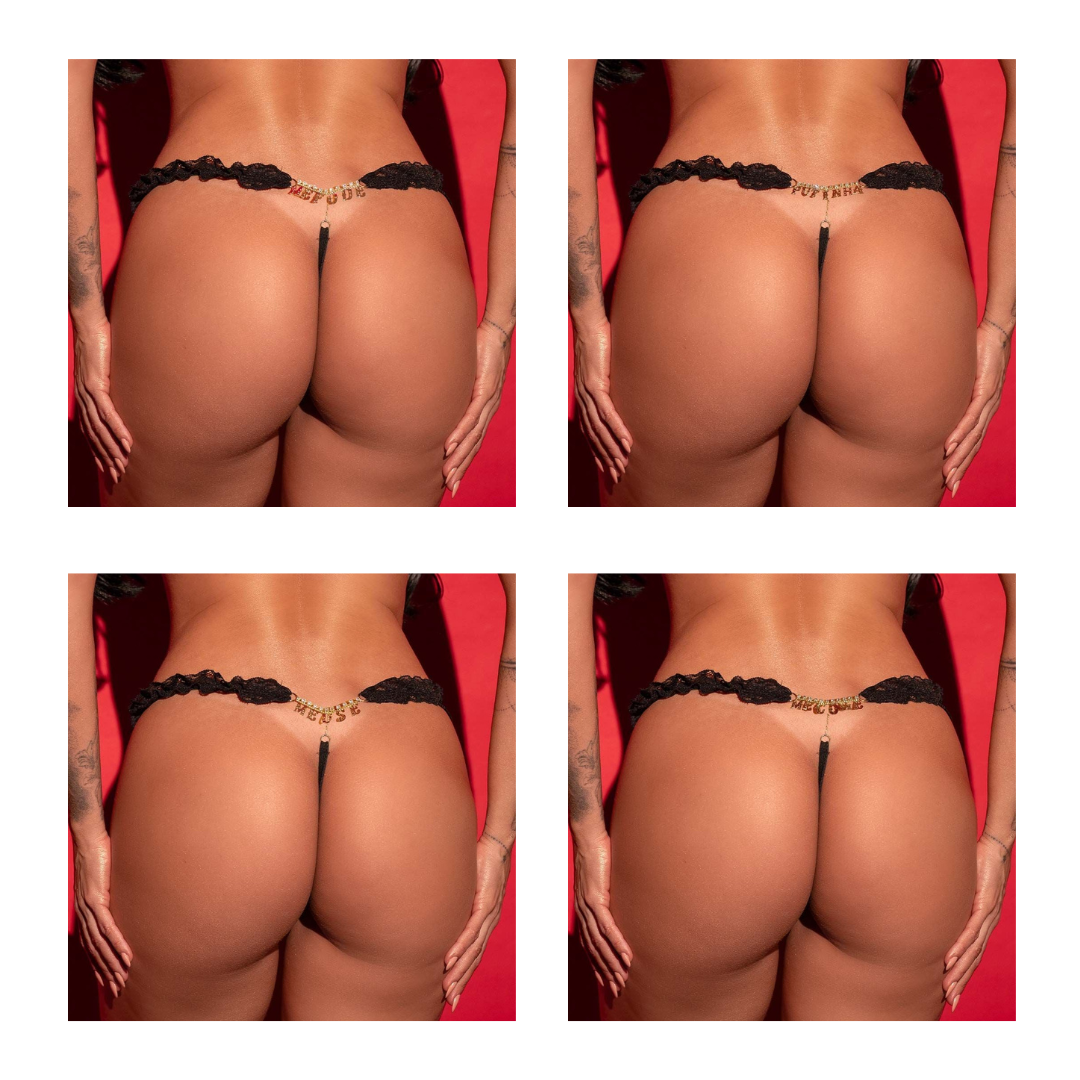 Fio Dental Luxo Preto Frases Strass Pimenta Sexy une renda, conforto e sensualidade com